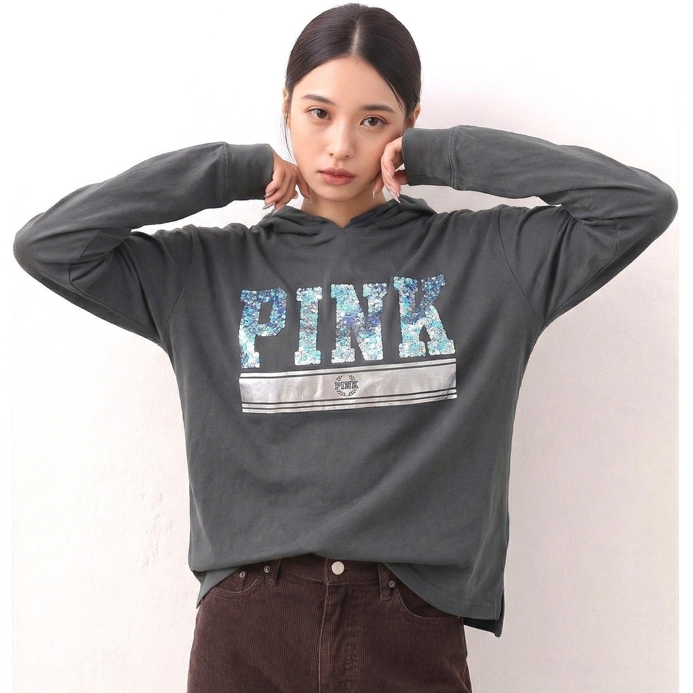 PINK Hoodie Women Large Gray Excellent Sequin Logo Long Sleeve Cotton Pullover‎